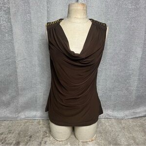 NY Collection Brown Draped Blouse with Chain Accents